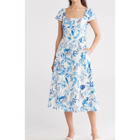Avec Les Filles Floral Linen Blend Fit & Flare Dress Size 10 Square Neck Lined - Picture 1 of 12
